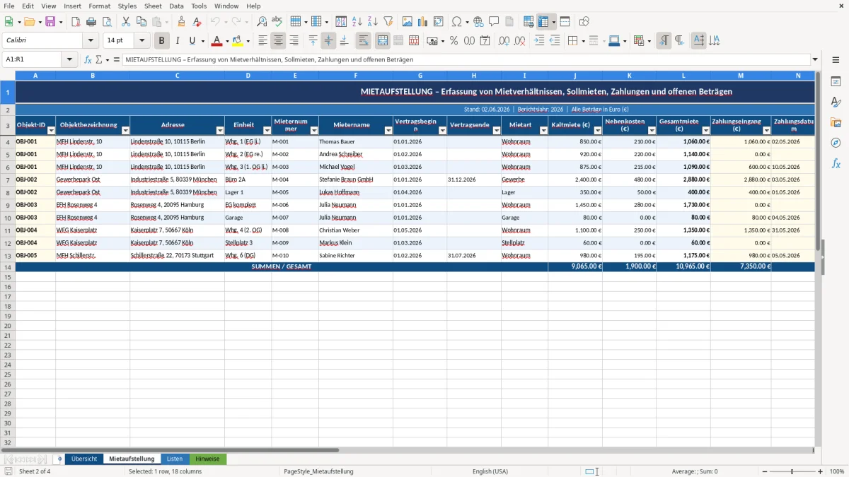 Abbildung 2: Tabellenblatt Mietaufstellung - mietaufstellung vorlage excel Excel-Vorlage
