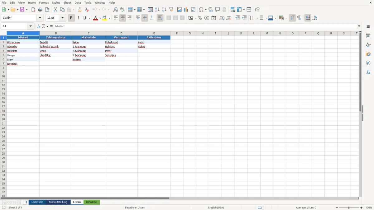 Abbildung 3: Tabellenblatt Listen - mietaufstellung vorlage excel Excel-Vorlage