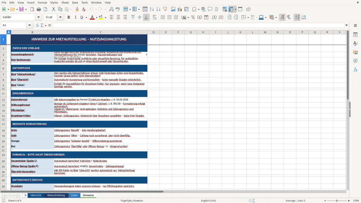Abbildung 4: Tabellenblatt Hinweise - mietaufstellung vorlage excel Excel-Vorlage