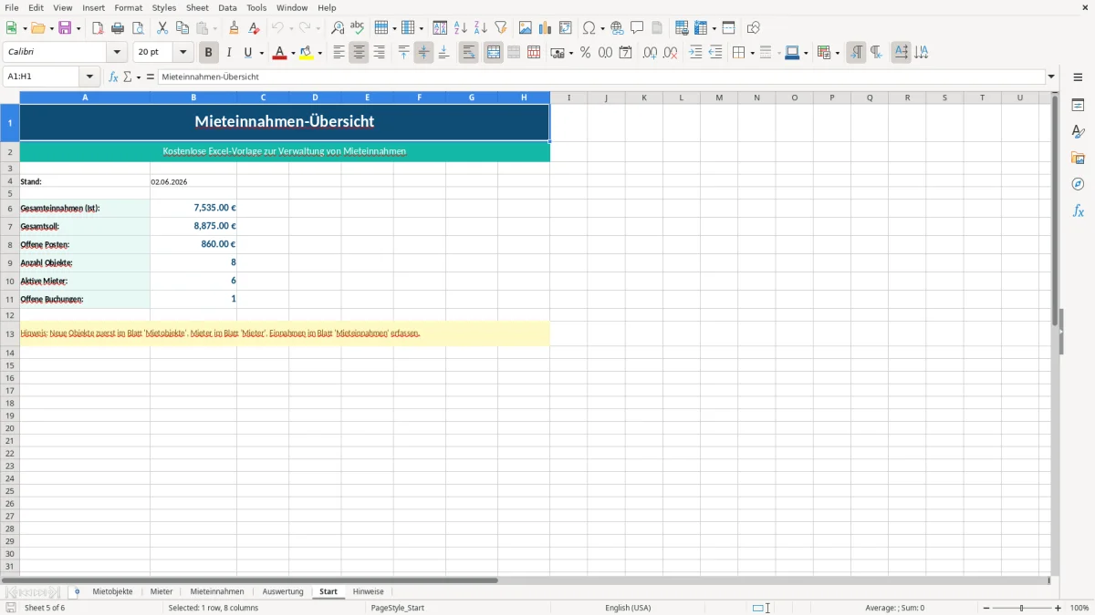 Abbildung 1: Tabellenblatt Mietobjekte - mieteinnahmen excel-vorlage kostenlos Excel-Vorlage
