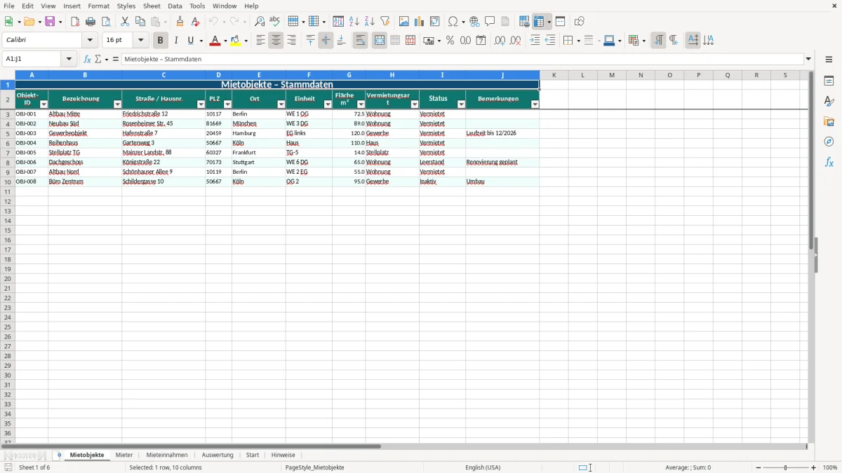 Abbildung 3: Tabellenblatt Mieteinnahmen - mieteinnahmen excel-vorlage kostenlos Excel-Vorlage
