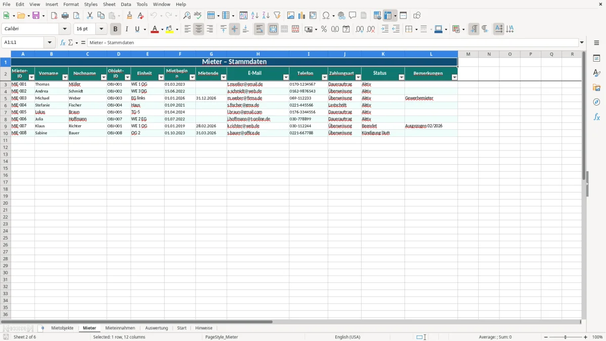 Abbildung 4: Tabellenblatt Auswertung - mieteinnahmen excel-vorlage kostenlos Excel-Vorlage