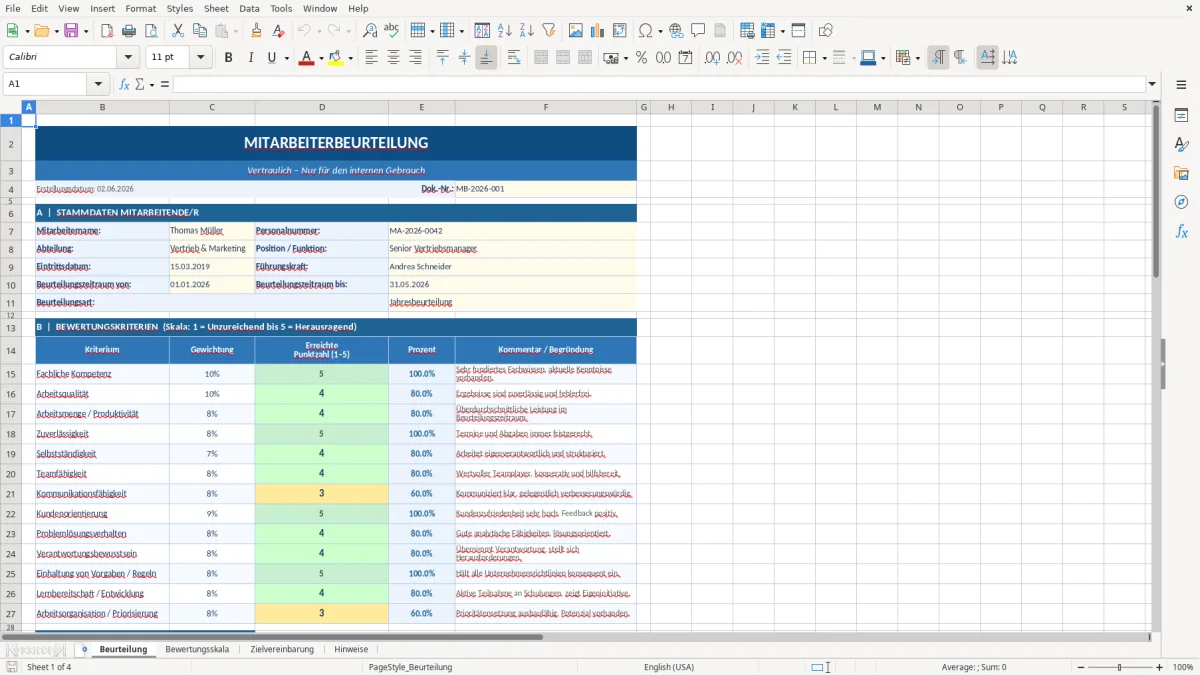 Abbildung 1: Tabellenblatt Beurteilung - mitarbeiterbeurteilung vorlage excel kostenlos Excel-Vorlage