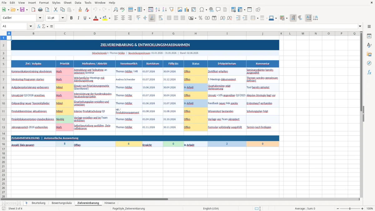 Abbildung 3: Tabellenblatt Zielvereinbarung - mitarbeiterbeurteilung vorlage excel kostenlos Excel-Vorlage