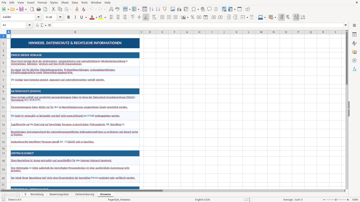 Abbildung 4: Tabellenblatt Hinweise - mitarbeiterbeurteilung vorlage excel kostenlos Excel-Vorlage