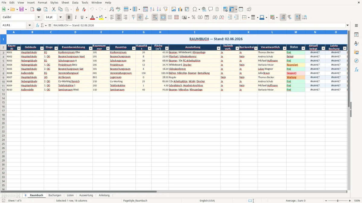Abbildung 1: Tabellenblatt Raumbuch - raumbuch vorlage excel Excel-Vorlage