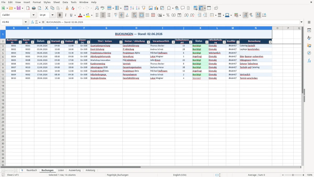 Abbildung 2: Tabellenblatt Buchungen - raumbuch vorlage excel Excel-Vorlage
