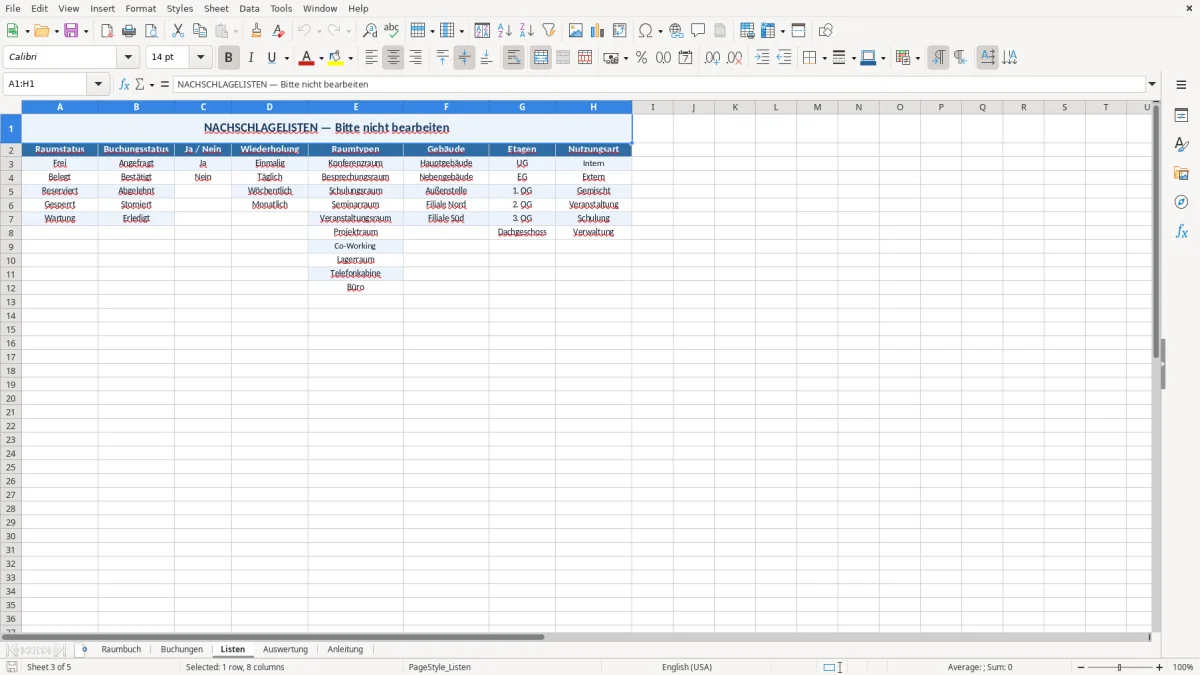 Abbildung 3: Tabellenblatt Listen - raumbuch vorlage excel Excel-Vorlage