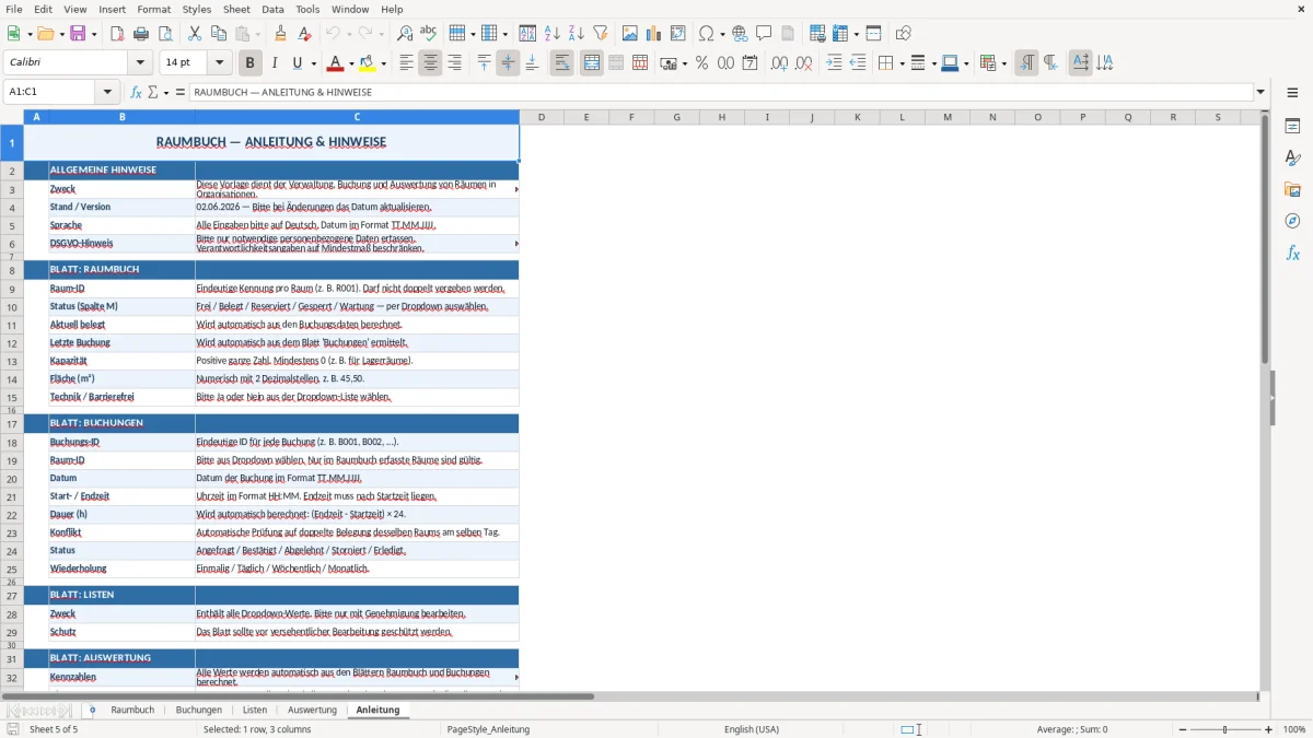 Abbildung 5: Tabellenblatt Anleitung - raumbuch vorlage excel Excel-Vorlage