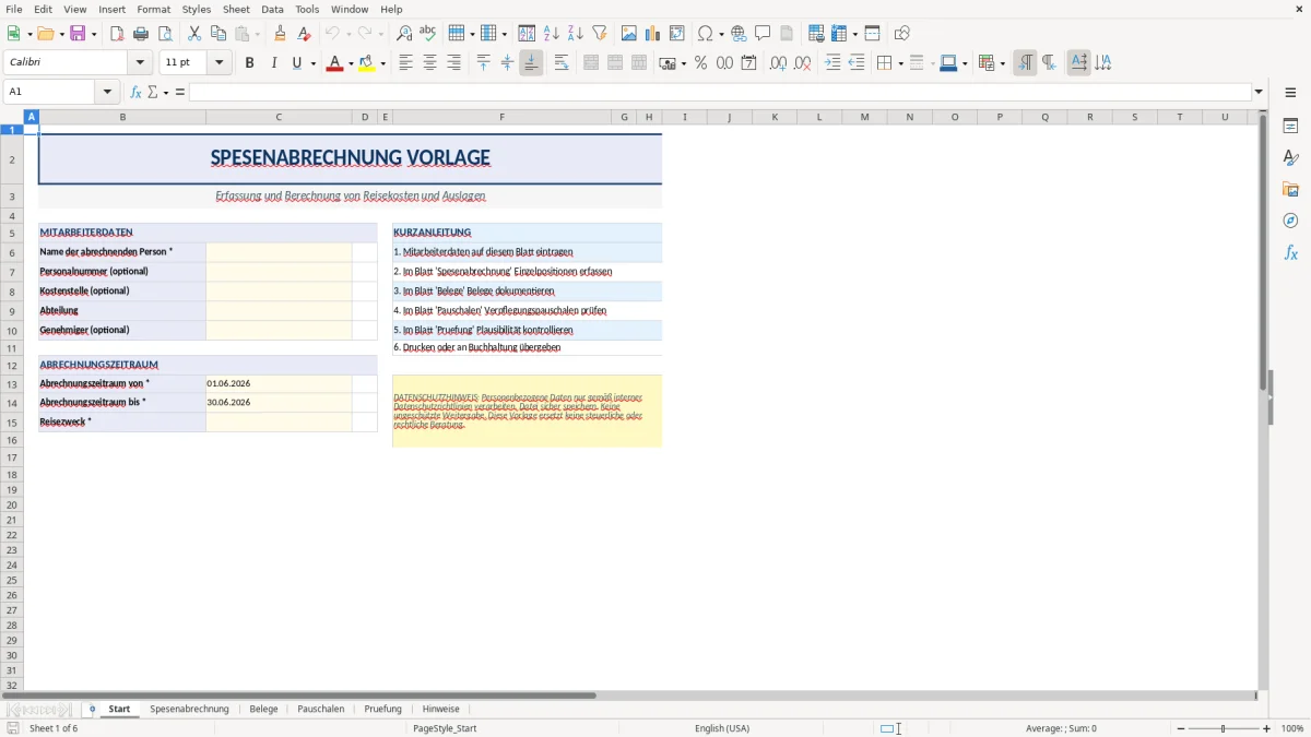 Abbildung 1: Tabellenblatt Start - spesenabrechnung vorlage excel Excel-Vorlage