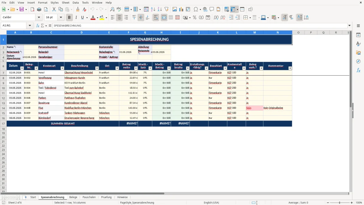 Abbildung 2: Tabellenblatt Spesenabrechnung - spesenabrechnung vorlage excel Excel-Vorlage