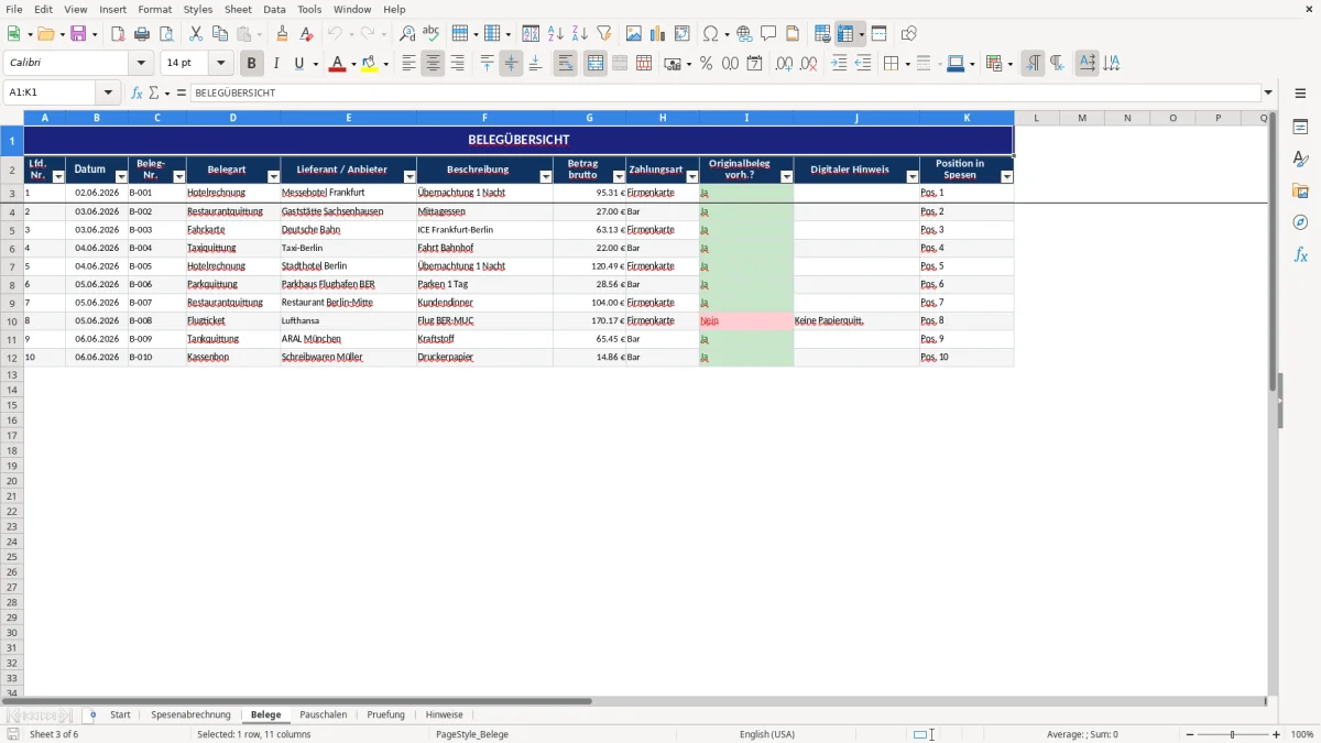 Abbildung 3: Tabellenblatt Belege - spesenabrechnung vorlage excel Excel-Vorlage