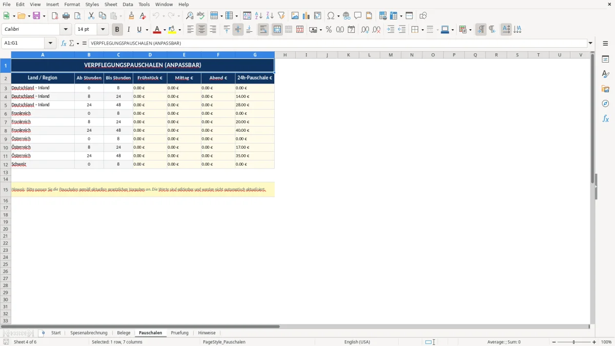 Abbildung 4: Tabellenblatt Pauschalen - spesenabrechnung vorlage excel Excel-Vorlage