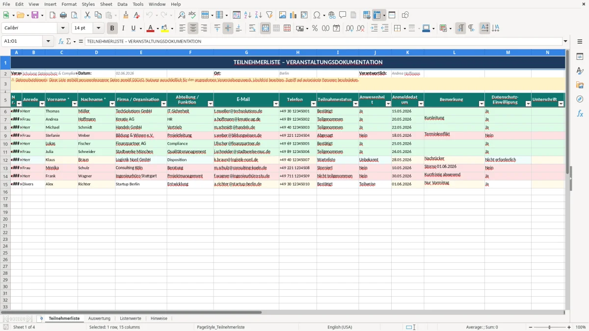 Abbildung 1: Tabellenblatt Teilnehmerliste - teilnehmerliste vorlage excel Excel-Vorlage