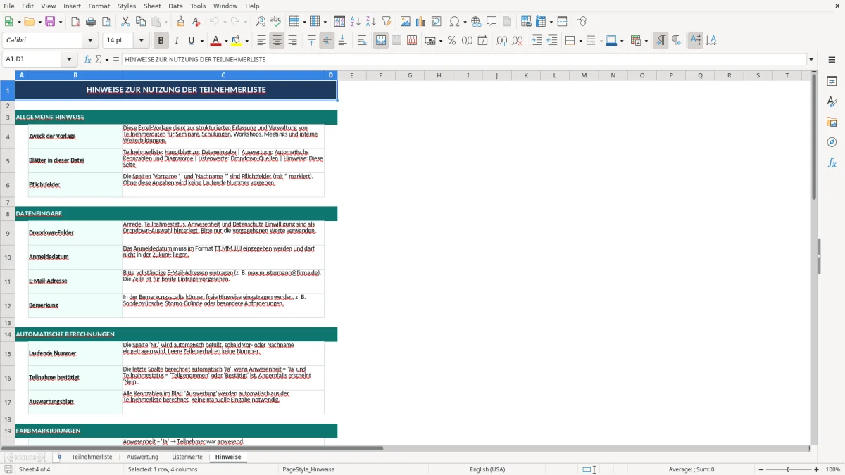 Abbildung 4: Tabellenblatt Hinweise - teilnehmerliste vorlage excel Excel-Vorlage
