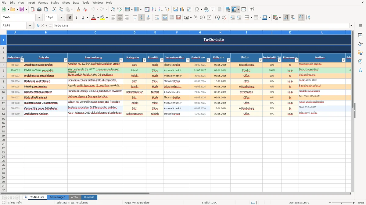 Abbildung 1: Tabellenblatt To-Do-Liste - to do liste vorlage excel Excel-Vorlage