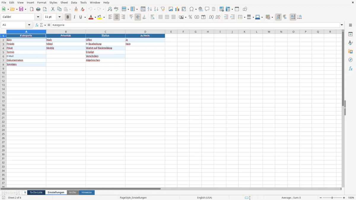 Abbildung 2: Tabellenblatt Einstellungen - to do liste vorlage excel Excel-Vorlage