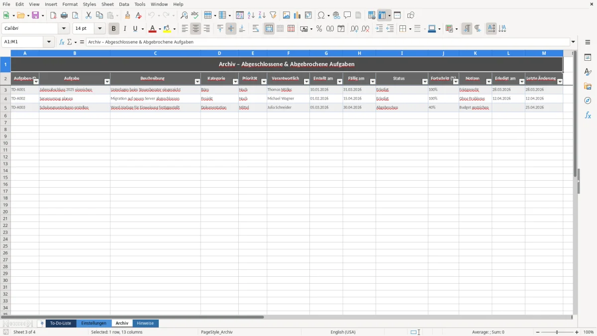 Abbildung 3: Tabellenblatt Archiv - to do liste vorlage excel Excel-Vorlage