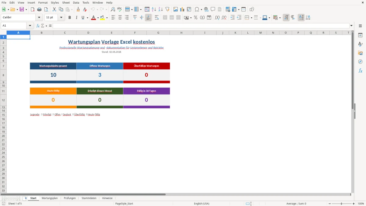 Abbildung 1: Tabellenblatt Start - wartungsplan vorlage excel kostenlos Excel-Vorlage