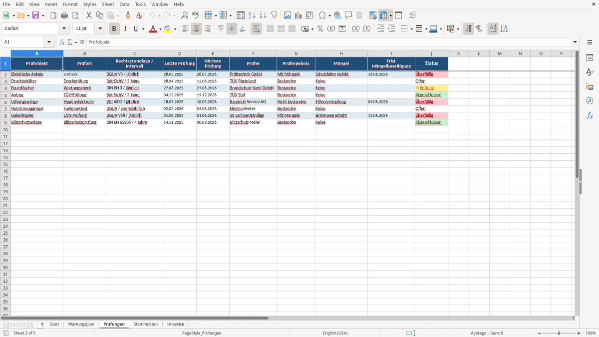 Abbildung 3: Tabellenblatt Prüfungen - wartungsplan vorlage excel kostenlos Excel-Vorlage