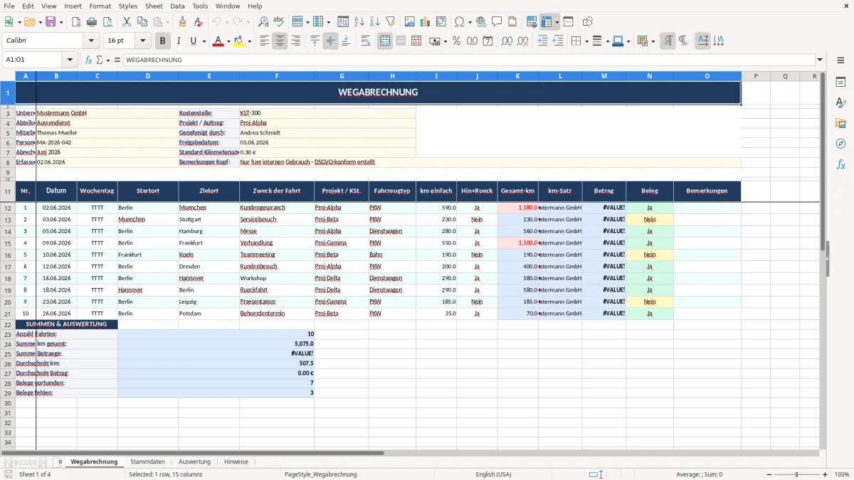 Abbildung 1: Tabellenblatt Wegabrechnung - weg abrechnung muster excel Excel-Vorlage