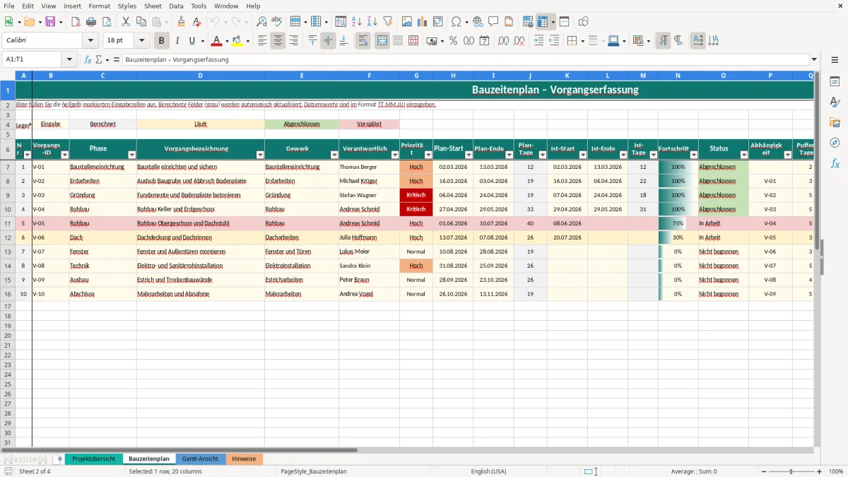 Abbildung 2: Tabellenblatt Bauzeitenplan - bauzeitenplan vorlage excel Excel-Vorlage