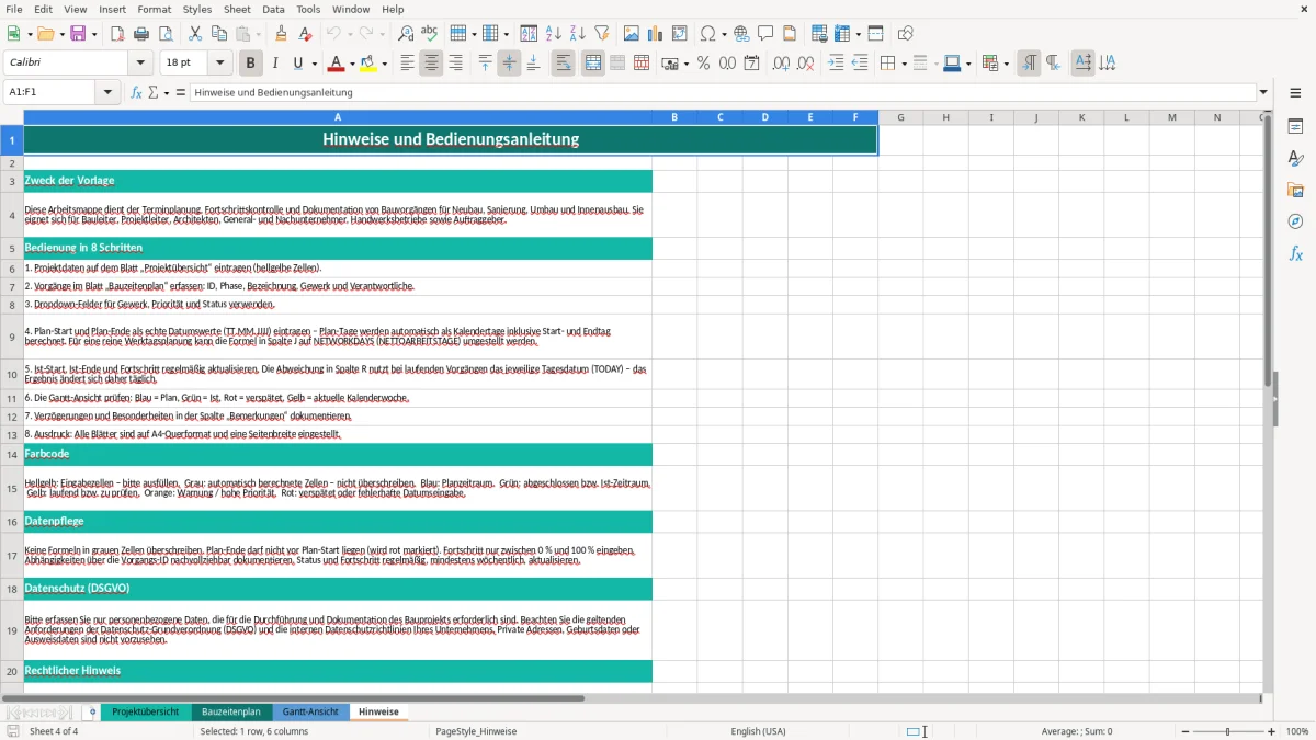 Abbildung 4: Tabellenblatt Hinweise - bauzeitenplan vorlage excel Excel-Vorlage