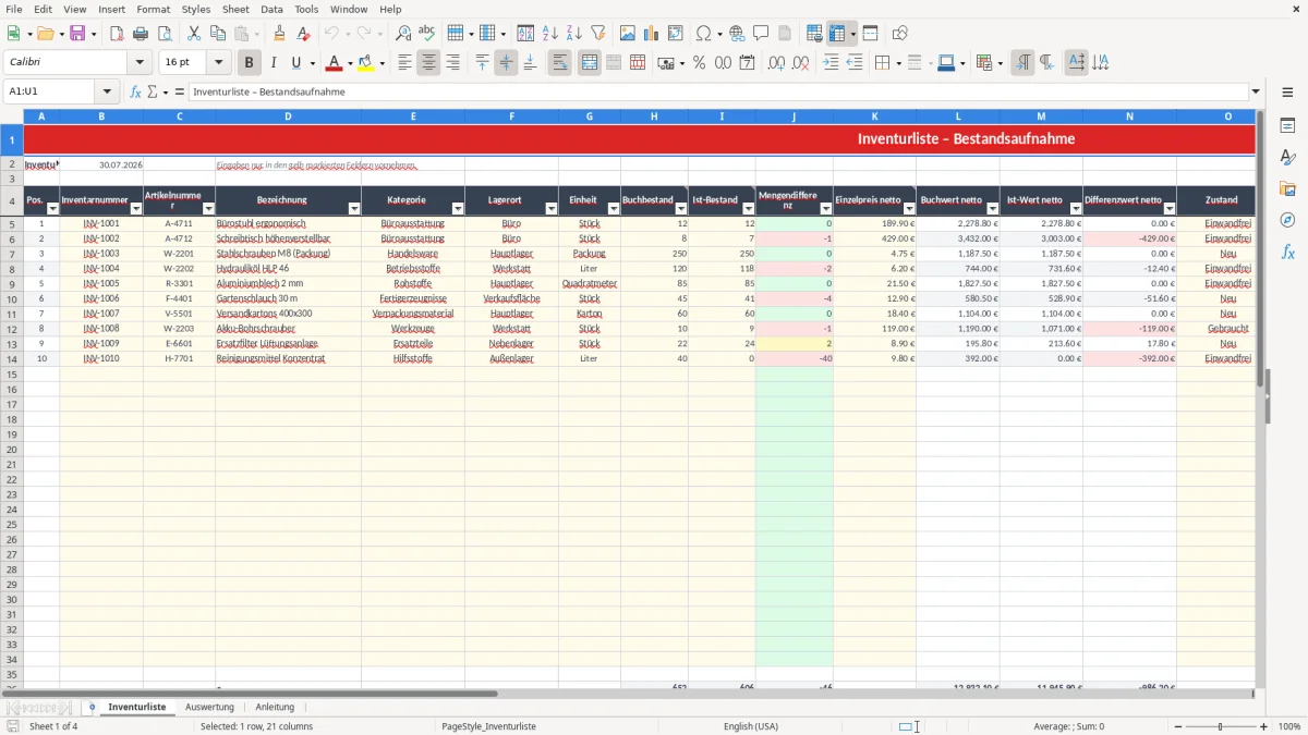 Abbildung 1: Tabellenblatt Inventurliste - inventurliste vorlage excel Excel-Vorlage