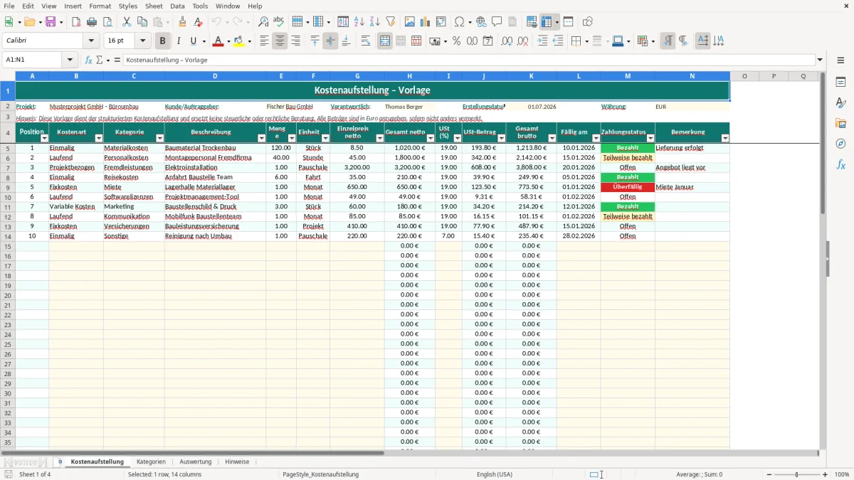 Abbildung 1: Tabellenblatt Kostenaufstellung - kostenaufstellung excel-vorlage kostenlos Excel-Vorlage