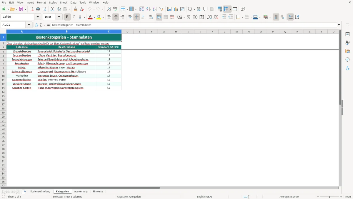 Abbildung 2: Tabellenblatt Kategorien - kostenaufstellung excel-vorlage kostenlos Excel-Vorlage