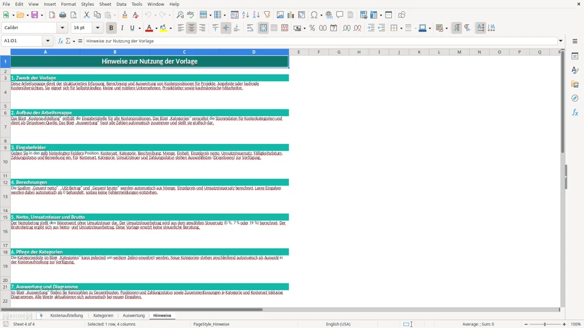 Abbildung 4: Tabellenblatt Hinweise - kostenaufstellung excel-vorlage kostenlos Excel-Vorlage