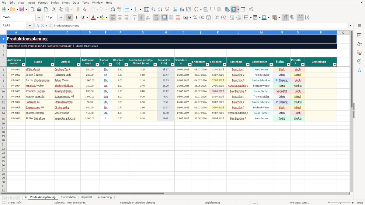 Abbildung 1: Tabellenblatt Produktionsplanung - produktionsplanung excel vorlage kostenlos Excel-Vorlage