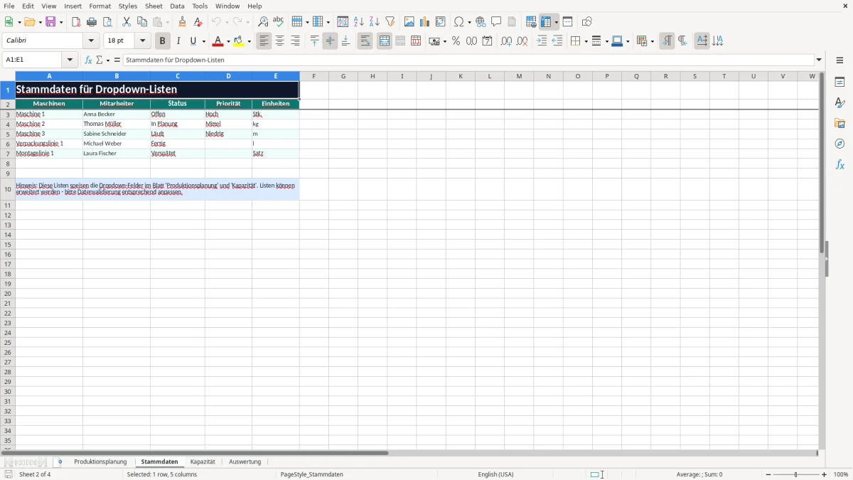Abbildung 2: Tabellenblatt Stammdaten - produktionsplanung excel vorlage kostenlos Excel-Vorlage
