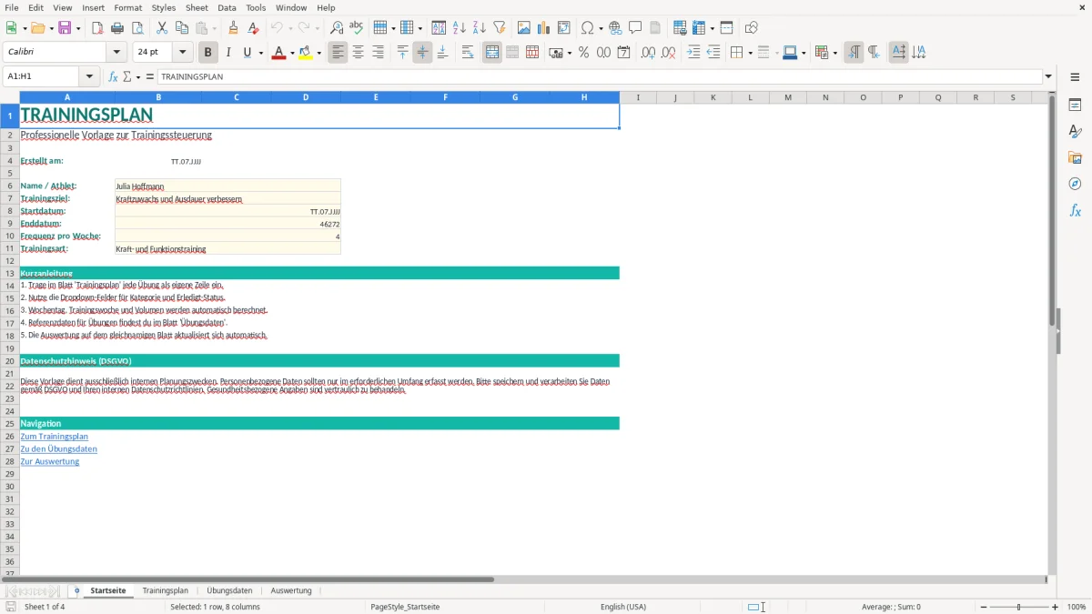 Abbildung 1: Tabellenblatt Startseite - trainingsplan excel vorlage Excel-Vorlage