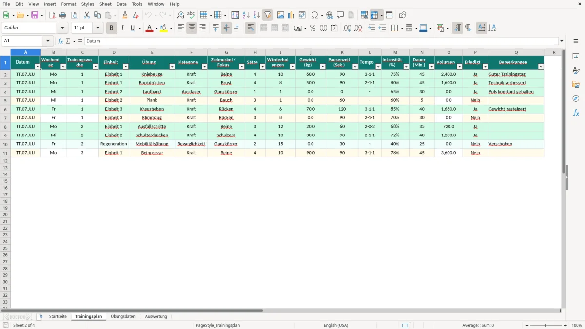 Abbildung 2: Tabellenblatt Trainingsplan - trainingsplan excel vorlage Excel-Vorlage