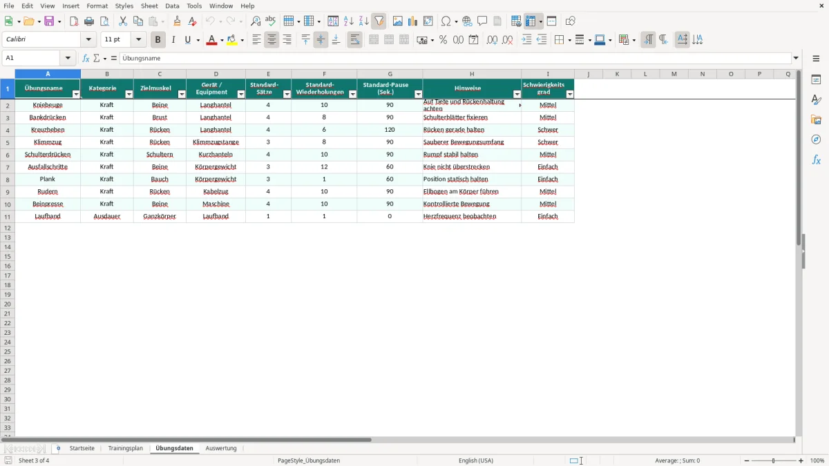 Abbildung 3: Tabellenblatt Übungsdaten - trainingsplan excel vorlage Excel-Vorlage