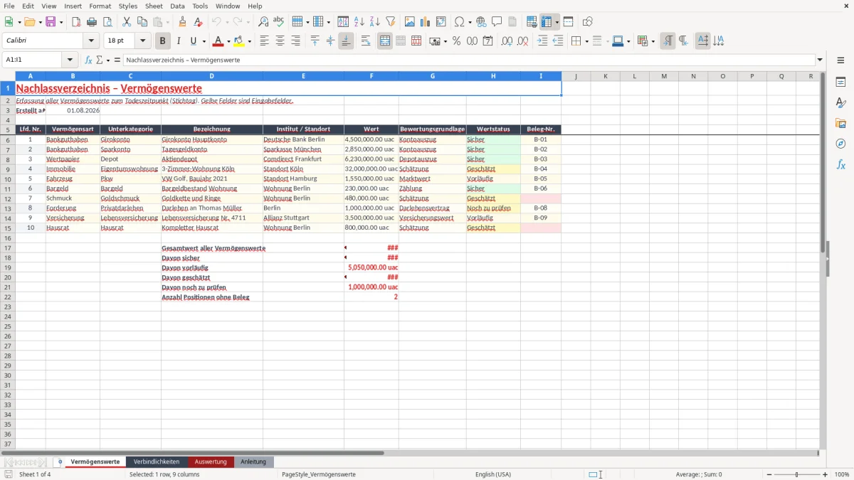 Abbildung 1: Tabellenblatt Vermögenswerte - nachlassverzeichnis muster excel Excel-Vorlage