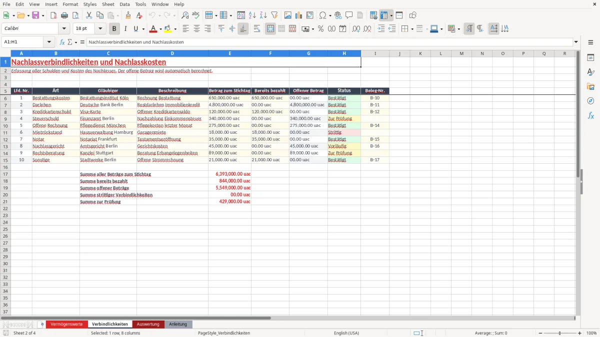 Abbildung 2: Tabellenblatt Verbindlichkeiten - nachlassverzeichnis muster excel Excel-Vorlage