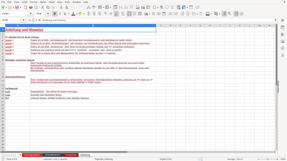 Abbildung 4: Tabellenblatt Anleitung - nachlassverzeichnis muster excel Excel-Vorlage