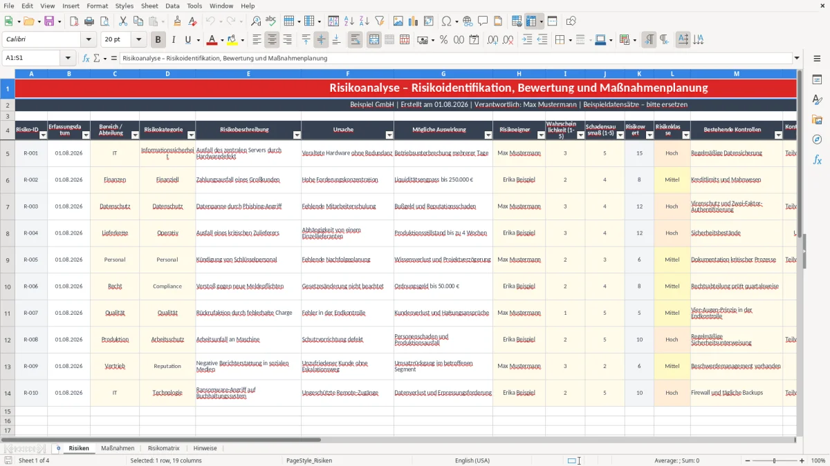 Abbildung 1: Tabellenblatt Risiken - risikoanalyse vorlage excel Excel-Vorlage