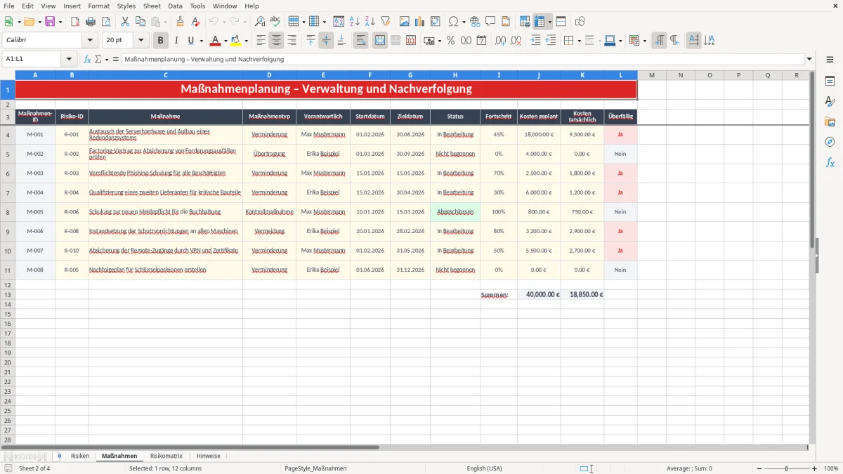 Abbildung 2: Tabellenblatt Maßnahmen - risikoanalyse vorlage excel Excel-Vorlage