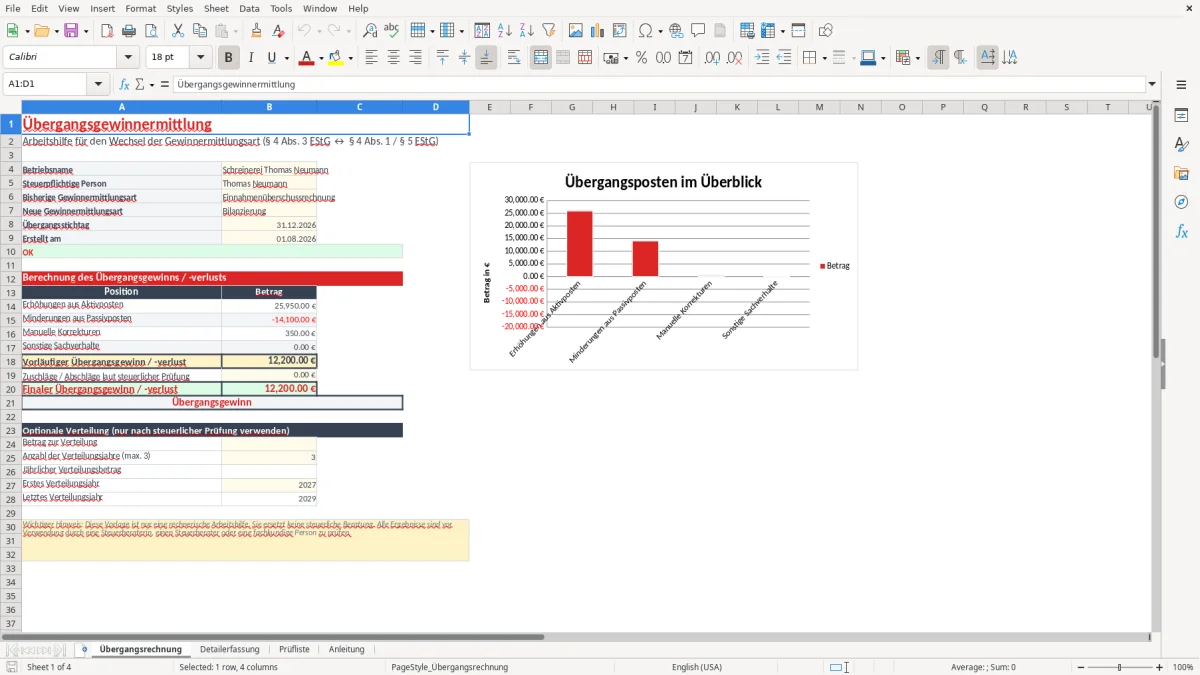Abbildung 1: Tabellenblatt Übergangsrechnung - übergangsgewinnermittlung vorlage excel Excel-Vorlage