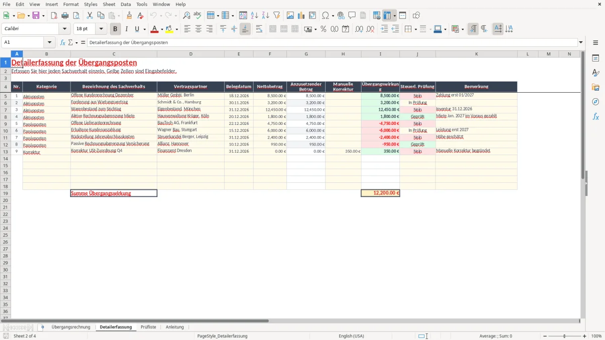 Abbildung 2: Tabellenblatt Detailerfassung - übergangsgewinnermittlung vorlage excel Excel-Vorlage