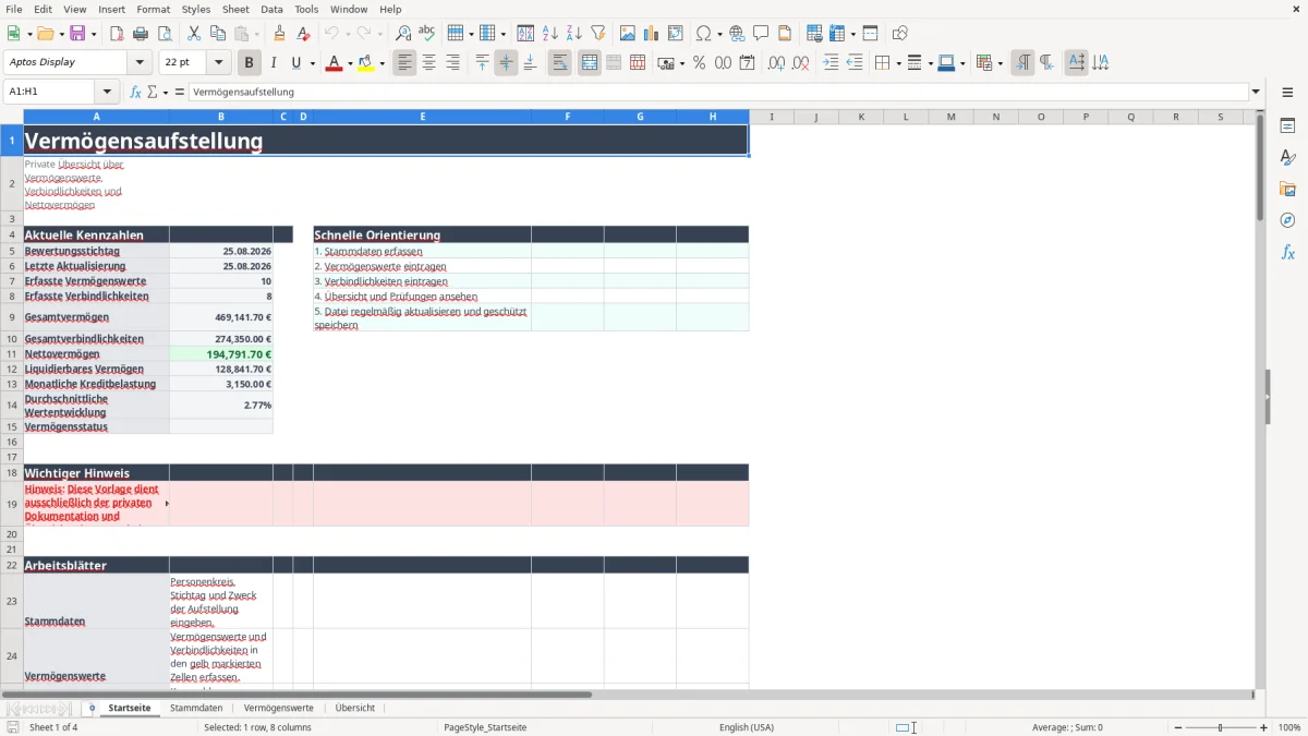 Abbildung 1: Tabellenblatt Startseite - vermögensaufstellung vorlage excel Excel-Vorlage