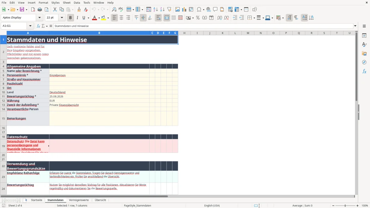 Abbildung 2: Tabellenblatt Stammdaten - vermögensaufstellung vorlage excel Excel-Vorlage