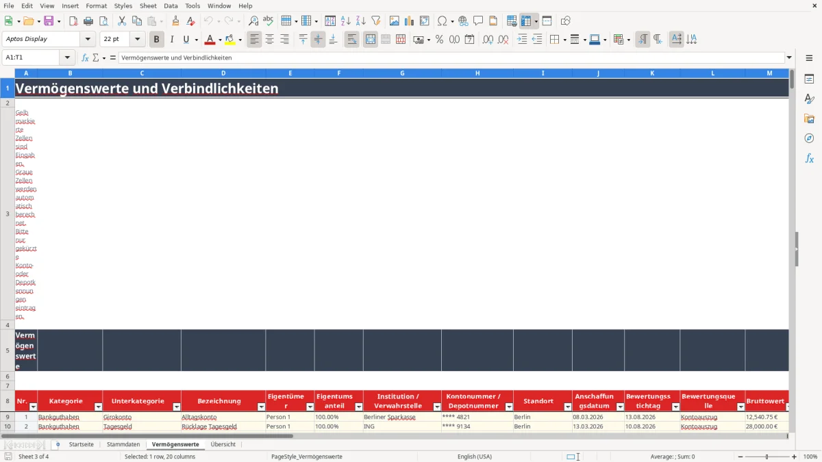 Abbildung 3: Tabellenblatt Vermögenswerte - vermögensaufstellung vorlage excel Excel-Vorlage