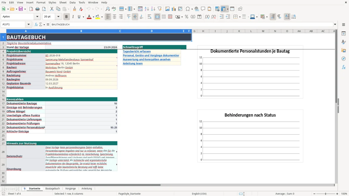Abbildung 1: Tabellenblatt Startseite - bautagebuch vorlage excel Excel-Vorlage