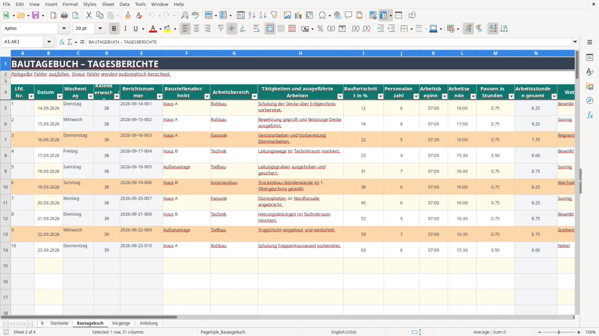Abbildung 2: Tabellenblatt Bautagebuch - bautagebuch vorlage excel Excel-Vorlage