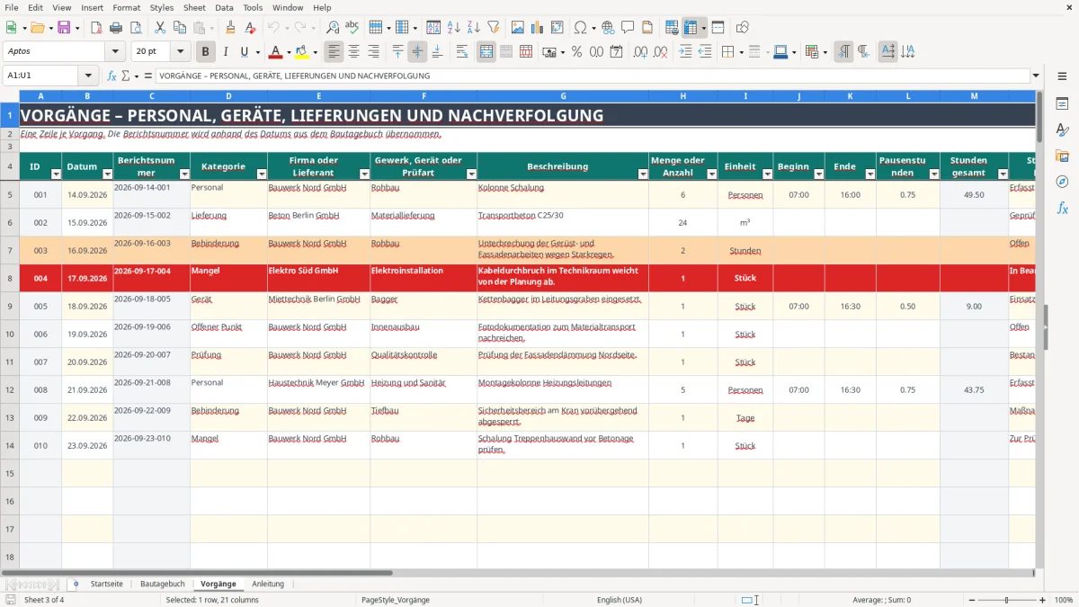 Abbildung 3: Tabellenblatt Vorgänge - bautagebuch vorlage excel Excel-Vorlage