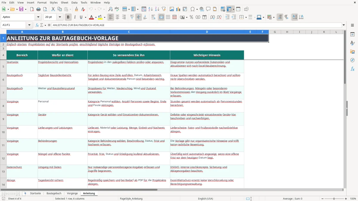 Abbildung 4: Tabellenblatt Anleitung - bautagebuch vorlage excel Excel-Vorlage